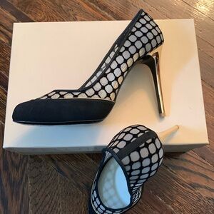 Stella McCartney Mesh Almond Toe Black Suede Gold Accent and Heel Pump, …